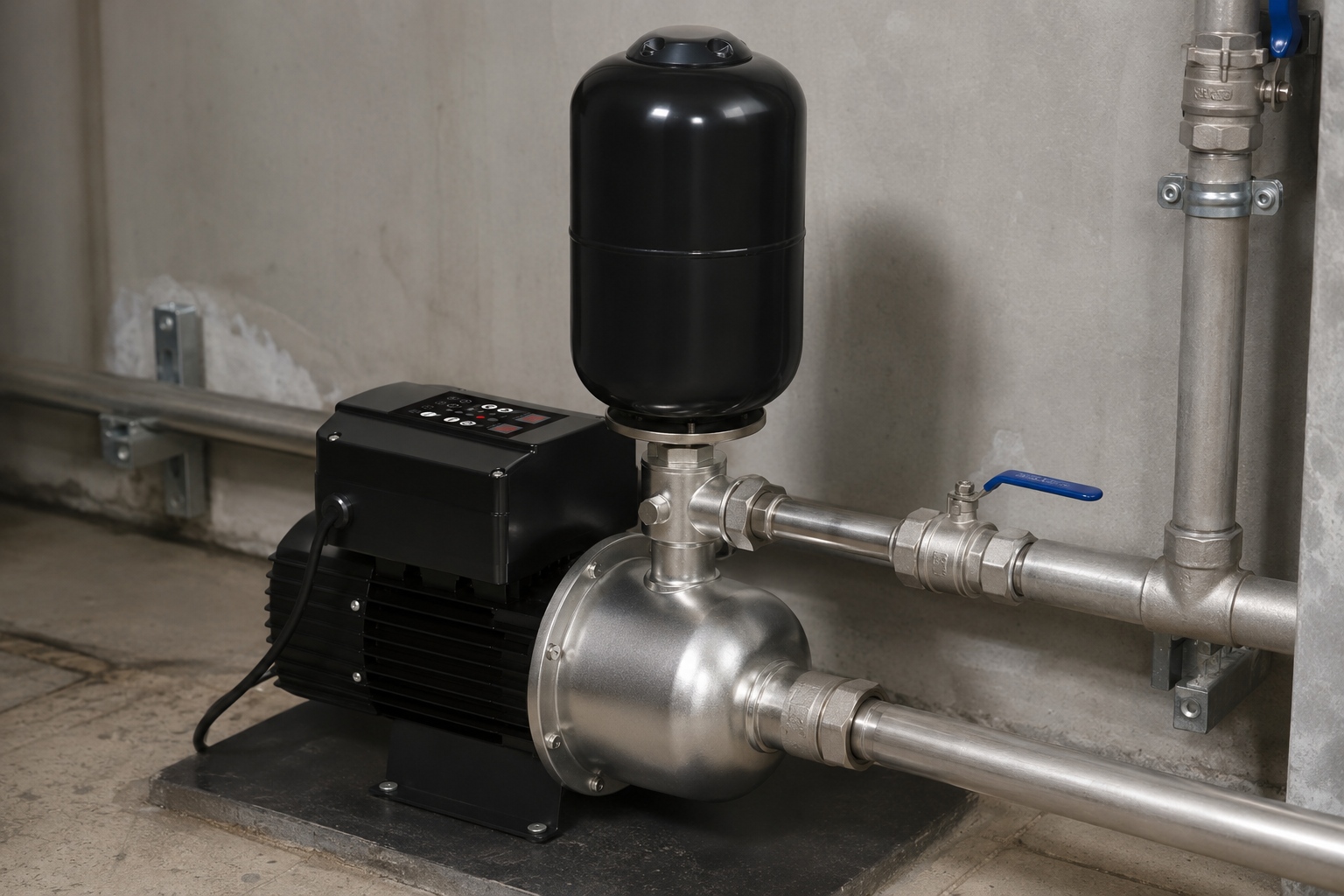 A high-resolution image of a professional indoor pump installation showcasing a RAFSUN permanent magnet variable frequency booster pump. The pump features a polished silver stainless steel pump head, a black motor with cooling fins, and a black control box on top with a visible control panel. A vertical black pressure tank is mounted above the pump head. The suction inlet is connected to a horizontal stainless steel pipe entering from the lower-right of the frame, and the discharge outlet is linked to a horizontal pipe on the right side with realistic valves, tees, elbows, unions, and pipe clamps. The pump is floor-mounted on a black metal base plate within a clean industrial mechanical room, surrounded by a network of secured metal pipes. The scene illustrates the pump in stable operation, supplying constant water pressure as part of a variable speed booster system, emphasizing a professional and realistic indoor pump installation suitable for residential or commercial water pressure booster systems. The image clearly represents a smart booster pump and RAFSUN booster pump in a functional water pressure booster system.