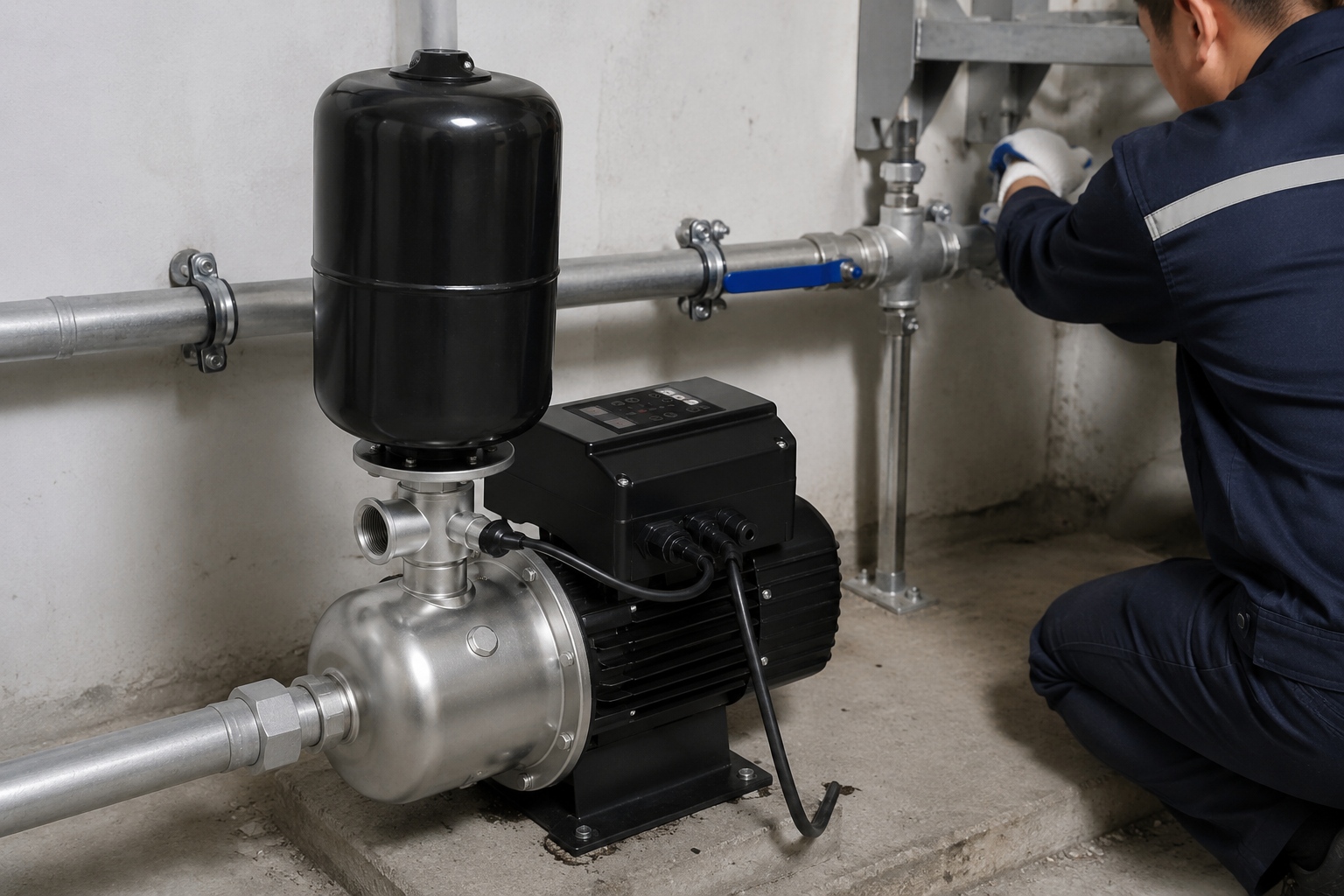 A detailed indoor pump installation showing a RAFSUN permanent magnet variable frequency booster pump in a professional equipment room setting. The image features a stainless steel pump head connected to a black electric motor with a rectangular black controller box mounted on top. A vertical black pressure tank is securely installed above the pump head. The front inlet pipe runs horizontally from the lower right into the pump head, while the side outlet connects to the right-side pipe system through a T-fitting with union connectors and a blue-handled ball valve. Metal pipe clamps, elbows, unions, and supports secure the polished stainless piping along the concrete floor and walls. A worker wearing a navy blue uniform and white gloves, with face obscured, is adjusting a valve, simulating active maintenance. The scene highlights a stable water pressure booster system, constant pressure water supply, and variable speed booster pump operation in a smart booster pump configuration, reflecting a realistic indoor pump installation with professional layout and functional piping connections.