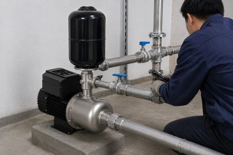 Installation professionnelle d'une pompe intérieure&nbsp;: une pompe de surpression à aimant permanent RAFSUN est montée sur une plateforme en béton dans un local technique. La pompe est équipée d'un moteur électrique noir à carter nervuré, d'un variateur de fréquence noir monté au-dessus du moteur avec commandes en façade et sur le dessus, d'une tête de pompe en acier inoxydable argenté et d'un réservoir sous pression noir monté verticalement au-dessus de la tête de pompe. Des tuyaux métalliques propres sont raccordés à l'entrée avant et à la sortie latérale, correctement orientés&nbsp;: le tuyau d'entrée arrive horizontalement par le bas à droite et le tuyau de sortie s'étend horizontalement vers le réseau de tuyauterie de droite via un té. L'installation comprend des accessoires réalistes tels que des raccords union, des coudes, des tés, des colliers de serrage et des vannes à poignée bleue. Un technicien en veste de travail bleu marine et gants gris est agenouillé près de la pompe, ajustant un raccord de vanne&nbsp;; son visage n'est pas visible. La pompe fonctionne comme une pompe à eau à pression constante, formant un système de surpression performant qui assure un débit d'eau stable. L'environnement est un local technique propre et fonctionnel, avec un sol en béton gris et des murs clairs. Les mots clés suivants ont naturellement été inclus&nbsp;: pompe de surpression à aimant permanent à fréquence variable, pompe de surpression à vitesse variable, pompe à eau à pression constante, pompe de surpression intelligente, système de surpression d’eau, installation de pompe intérieure, pompe de surpression RAFSUN.