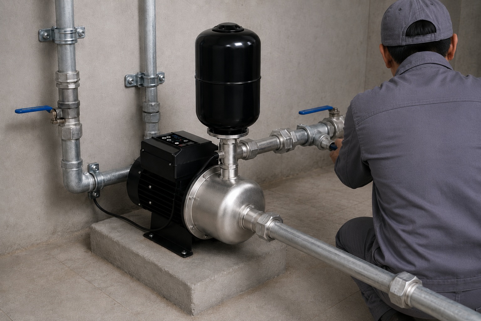 A realistic indoor pump installation scene showing a single RAFSUN booster pump mounted on a concrete platform inside a clean residential mechanical room. The permanent magnet variable frequency booster pump features a black motor body, top mounted smart controller, stainless steel pump head, and a vertical black pressure tank installed above the pump head. A horizontal metal inlet pipe connects into the front of the pump, while the outlet between the pump head and pressure tank is connected to the right side pipe system with unions, elbows, tees, shutoff valves, fittings, and wall mounted pipe clamps. A professional installer is shown from behind while checking the valve and pipe connection, creating a natural indoor pump installation scene. The RAFSUN booster pump works as a variable speed booster pump and constant pressure water pump for a stable water pressure booster system, supporting reliable irrigation water supply and efficient residential garden watering.