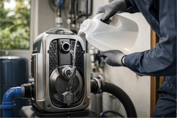 A realistic residential maintenance scene showing a RAFSUN water pump being primed to clear trapped air from the system. A professional engineer wearing work gloves and a dark blue uniform, with no face visible, is carefully pouring water into the pump housing to remove an air lock and restore normal water flow. The modern booster pump is installed in a home utility environment with connected pipes and pressure components visible in the background. This image illustrates how to clear air out of a water pump by priming the pump, releasing trapped air, and improving household water pressure and performance.