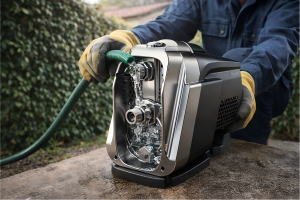 How to prime a multistage pump? A professional technician is priming a RAFSUN multistage water pump by filling the pump casing and suction line with water before start-up. The realistic residential outdoor scene shows the correct pump priming process to remove trapped air, prevent dry running, avoid overheating, and protect the impeller for safe, efficient, and long-lasting operation.