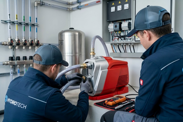 This product image showcases the modern design and key components of a high-efficiency 3-phase water pump by RAFSUN. With its distinct red and white color scheme and high-quality steel construction, the pump features one outlet and two inlets. The compact structure, clear interface, and ergonomic base illustrate RAFSUN's commitment to creating durable and efficient three-phase pumps. This image provides a comprehensive overview of the design features that define RAFSUN's high-performance 3-phase water pumps.