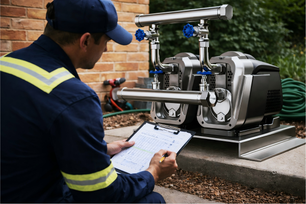 RAFSUN household electric water pump selection guide image showing a professional engineer inspecting a dual stainless steel booster pump system installed in a residential outdoor setting, helping homeowners understand how to choose an electric water pump based on application, flow rate, pressure requirements, pump type, efficiency, and durable material construction for reliable home water supply performance