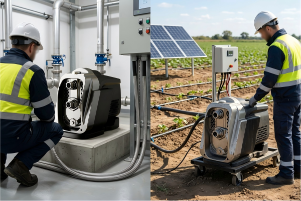 A diagram showing the difference between AC and DC power supplies connected to pumps