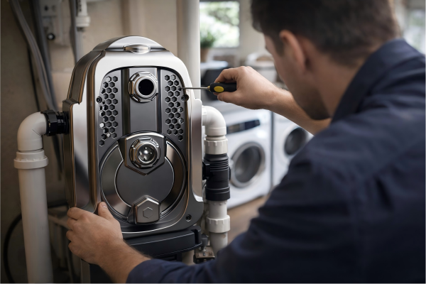 A natural, realistic home maintenance scene showing a professional engineer servicing a polished RAFSUN centrifugal water pump connected to white household PVC piping in a residential utility area. The engineer is turned away from the camera with no face visible, using a screwdriver to inspect the pump during a troubleshooting situation related to priming and unstable water flow. The metallic centrifugal pump is the clear focal point, with a softly blurred laundry and home background that reinforces a domestic application setting. This image visually represents the main disadvantage of a centrifugal pump: it cannot handle significant amounts of air or vapor well, which can cause loss of prime, difficulty self-priming, and inconsistent flow during operation.