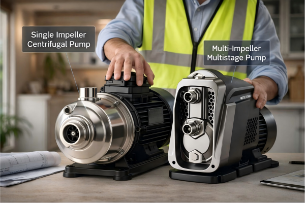 RAFSUN home pump comparison image showing a professional engineer without a visible face examining two water pumps in a residential indoor setting. On the left is a single impeller centrifugal pump, and on the right is a RAFSUN multistage pump with multiple impellers designed for higher pressure performance. This realistic household application scene visually explains what is the difference between centrifugal and multistage pumps, highlighting how centrifugal pumps use one impeller for water movement while multistage pumps use two or more impellers in series to generate higher head and stable pressure for home water supply systems.