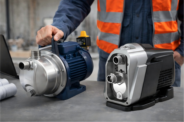 Professional engineer inspecting two pumps in an industrial workspace, comparing a traditional water pump and a modern RAFSUN pressure pump booster system. This realistic application image shows the difference between a water pump and a pressure pump, highlighting how a standard water pump moves water while a pressure pump increases water pressure and flow for stable water supply in residential, commercial, and building water systems.