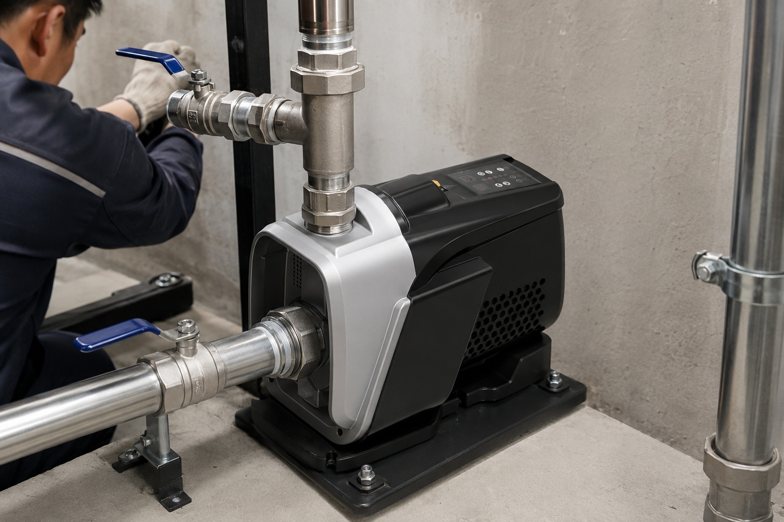 A detailed indoor pump installation scene showing a RAFSUN permanent magnet variable frequency booster pump securely mounted on a concrete floor in a mechanical room. The compact RUC model features a sleek black and silver housing with a top-mounted control panel displaying digital indicators and functional buttons. Stainless steel inlet and outlet pipes are connected accurately to the front cavity inlet and top-front outlet, respectively, with visible unions, blue-handled ball valves, elbows, tees, clamps, and pipe supports ensuring professional plumbing. The variable speed booster pump operates as a smart booster pump providing constant pressure water supply, integrated into a water pressure booster system for residential or commercial use. Surrounding environment includes a clean industrial backdrop with vertical support frames and additional piping. A professional installer is shown from the back adjusting a valve, emphasizing the realistic indoor pump installation. The setup highlights stable water flow, operational readiness, and the precise layout of an indoor pump installation featuring a RAFSUN booster pump. Keywords naturally included: permanent magnet variable frequency booster pump, variable speed booster pump, constant pressure water pump, smart booster pump, water pressure booster system, indoor pump installation, RAFSUN booster pump.