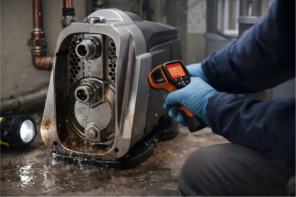 A professional RAFSUN water pump engineer, shown without a visible face, inspects a damaged household water pump in a realistic home utility room. The pump is leaking water from the front connection area, with visible signs of corrosion, moisture, and mechanical wear around the fittings and pump housing. The engineer is using an infrared temperature gun to check for overheating, helping illustrate common causes of pump failure such as mechanical seal leaks, dry running, motor overheating, bearing wear, corrosion, and incorrect installation. This natural-looking maintenance scene clearly answers the question, What breaks a water pump?, by showing a faulty domestic booster pump in a real residential application environment.