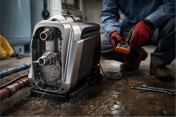 What can damage a water pump? This realistic RAFSUN water pump image shows a leaking household booster pump being inspected by a professional engineer in a home utility setting. The scene highlights common causes of water pump damage, including overheating, dry running, corrosion, electrical problems, cavitation, debris in the water, and long-term wear and tear. Water leaking from the pump connections and the engineer using a diagnostic tester help illustrate pump failure risks, maintenance concerns, and the importance of protecting pump performance, service life, and system reliability.
