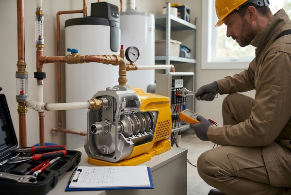 A professional technician inspects the RAFSUN 5 stage booster pump, shown in a detailed cutaway view. The interior reveals five impellers and diffusers, illustrating how water pressure is progressively increased. The pump is installed in a home utility room, part of a whole-house water system with pressure gauges and copper piping. The engineer uses a multimeter and wrench, with a toolkit and checklist nearby. This image perfectly answers "what is a 5 stage pump?" for high-pressure residential applications.