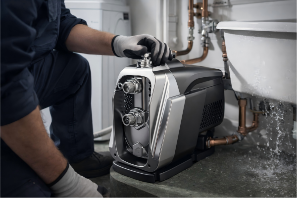 RAFSUN multistage pump installed in a modern household utility room, showing a professional engineer adjusting the high-pressure water pump without revealing his face. The realistic silver and black multistage pump is connected to domestic plumbing near a sink and washing machine, illustrating how a multistage pump uses multiple impellers to deliver stronger, stable water pressure for residential water supply applications.