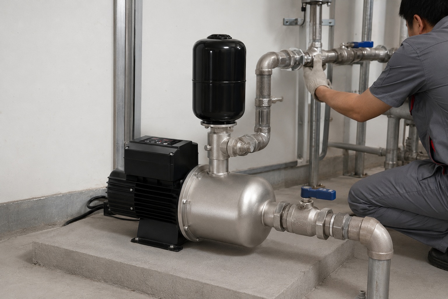A professional indoor pump installation showing a RAFSUN permanent magnet variable frequency booster pump mounted on a clean concrete floor in a mechanical room, connected as part of a smart water pressure booster system. The silver and black variable speed booster pump with black control box and vertical pressure tank above the pump head is tied into a constant pressure water pump setup with new metal inlet and outlet piping. The inlet pipe from the lower right enters the front horizontal inlet, with visible valves, unions, elbows, tees and pipe clamps securing the connections, and the outlet between the pump head and pressure tank feeds the right‑side distribution line. This indoor pump installation highlights a stable operating RAFSUN booster pump in a building water supply environment, illustrating a permanent magnet variable frequency booster pump delivering reliable constant pressure water delivery in a water pressure booster system.