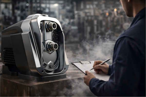 RAFSUN industrial pump in a realistic factory inspection scene, showing a heavy-duty metallic pump placed on a work platform while a professional engineer without a visible face checks performance notes on a clipboard. The background features an industrial processing environment with pipes, machinery, and light steam, illustrating the concept behind “What is an industrial pump?” as a durable high-efficiency pump used for continuous fluid transfer in demanding commercial and manufacturing applications.