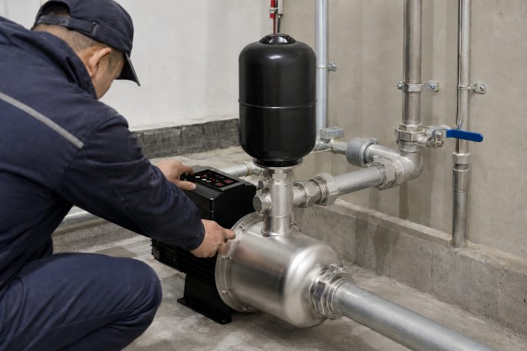 A professional indoor pump installation scene featuring a RAFSUN permanent magnet variable frequency booster pump installed in a clean utility room or basement. The variable speed booster pump has a black motor and controller mounted horizontally with a stainless steel pump head and a vertical black pressure tank positioned above. A worker, partially visible with back and hands shown, is adjusting the control panel and tightening the inlet fitting. The inlet pipe enters the pump front horizontally from the lower-right, while the outlet connects horizontally through a tee and union fittings into the right-side pipe system. The setup includes valves, elbows, pipe clamps, and connectors, representing a stable, constant pressure water pump in a smart booster pump system. The surrounding environment shows concrete floors, wall-mounted pipe supports, and a professional indoor pump installation atmosphere, accurately demonstrating a RAFSUN booster pump within a water pressure booster system for residential or commercial applications.