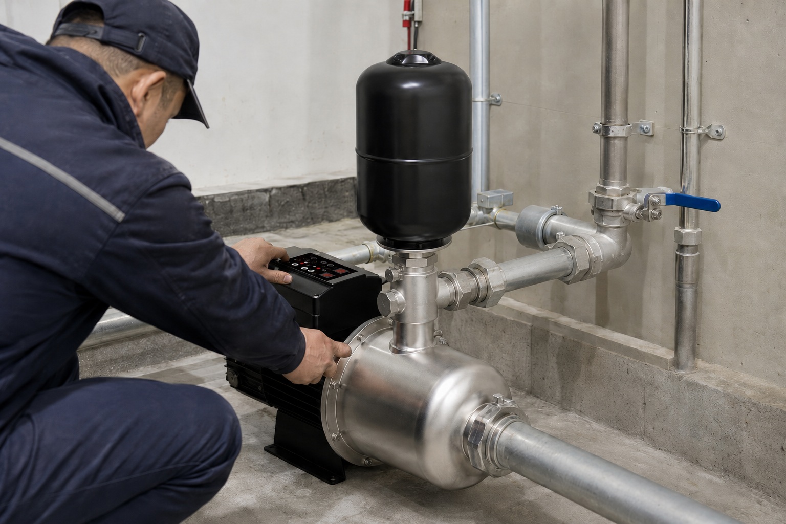 A professional indoor pump installation scene featuring a RAFSUN permanent magnet variable frequency booster pump installed in a clean utility room or basement. The variable speed booster pump has a black motor and controller mounted horizontally with a stainless steel pump head and a vertical black pressure tank positioned above. A worker, partially visible with back and hands shown, is adjusting the control panel and tightening the inlet fitting. The inlet pipe enters the pump front horizontally from the lower-right, while the outlet connects horizontally through a tee and union fittings into the right-side pipe system. The setup includes valves, elbows, pipe clamps, and connectors, representing a stable, constant pressure water pump in a smart booster pump system. The surrounding environment shows concrete floors, wall-mounted pipe supports, and a professional indoor pump installation atmosphere, accurately demonstrating a RAFSUN booster pump within a water pressure booster system for residential or commercial applications.