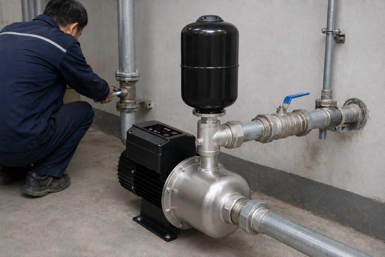 Cette installation de pompe intérieure réaliste présente une pompe de surpression RAFSUN installée dans un local technique propre, aux murs en béton et équipé d'une tuyauterie métallique professionnelle. La pompe de surpression à aimant permanent et à fréquence variable est dotée d'une tête de pompe en acier inoxydable, d'un corps de moteur noir, d'un contrôleur intelligent monté sur le dessus et d'un réservoir sous pression vertical noir placé au-dessus de la tête de pompe. Un tuyau d'arrivée d'eau métallique propre est raccordé horizontalement à l'avant de la pompe, en bas à droite, tandis que le tuyau de refoulement est raccordé au système de tuyauterie situé à droite par des raccords métalliques, des unions, des vannes, des coudes, des manchons et des colliers de serrage muraux. L'installation illustre un système de surpression d'eau pratique, conçu pour un fonctionnement stable à pression constante. Un technicien chinois travaille à proximité pour inspecter le raccordement des tuyaux. Cette installation intérieure met en valeur une pompe de surpression RAFSUN utilisée comme pompe de surpression à vitesse variable, pompe à eau à pression constante et pompe de surpression intelligente pour une alimentation en eau fiable, que ce soit pour des applications résidentielles, commerciales ou d'irrigation.