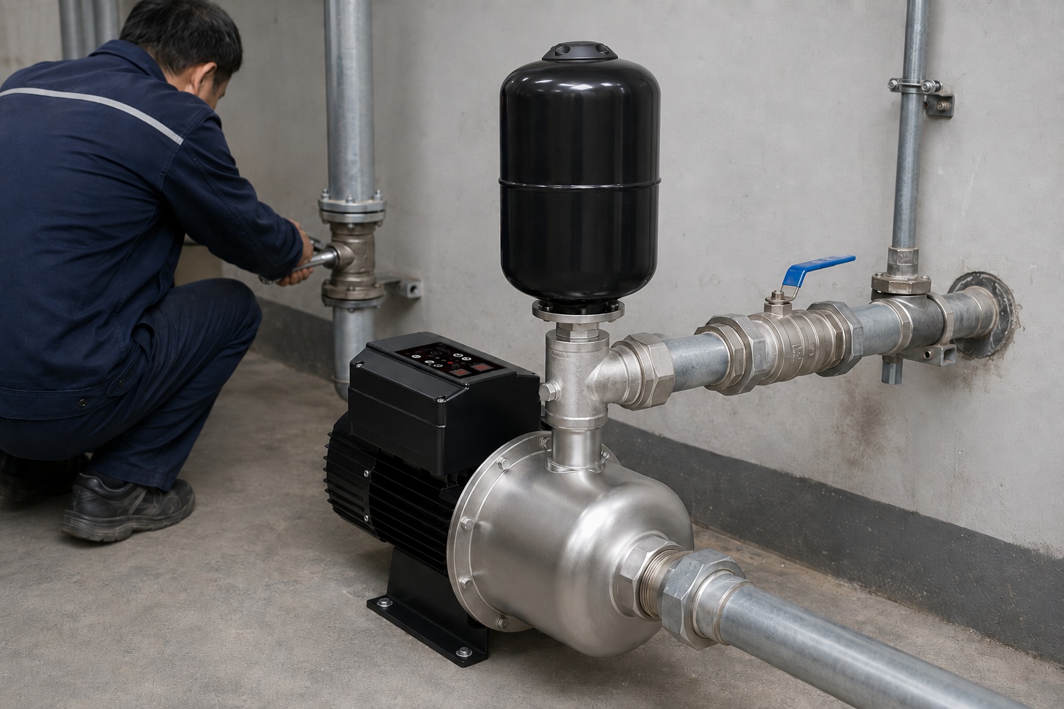 A realistic indoor pump installation scene showing a RAFSUN booster pump installed in a clean mechanical room with concrete walls and professional metal piping. The permanent magnet variable frequency booster pump features a stainless steel pump head, black motor body, top mounted smart controller, and a vertical black pressure tank positioned above the pump head. A clean metal inlet pipe connects horizontally into the front of the pump from the lower right side, while the outlet line is connected through metal fittings, unions, valves, elbows, couplings, and wall mounted pipe clamps into the right side piping system. The setup shows a practical water pressure booster system designed for stable constant pressure operation, with a Chinese technician working nearby to inspect the pipe connection. This indoor pump installation highlights a RAFSUN booster pump used as a variable speed booster pump, constant pressure water pump, and smart booster pump for reliable residential, commercial, or irrigation support water supply.