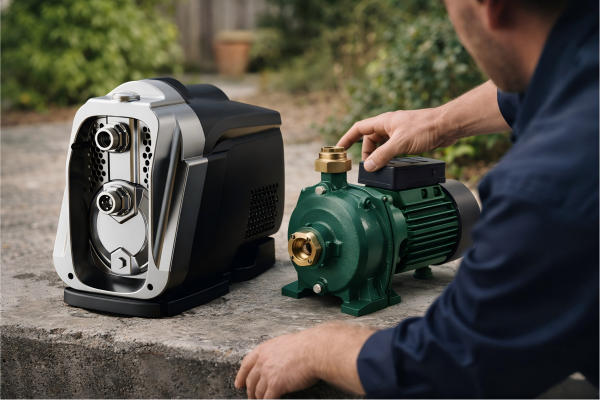RAFSUN home water pump comparison image showing a professional engineer without a visible face inspecting two different household pumps in a natural outdoor residential setting. The scene highlights a modern black centrifugal pump beside a traditional green water pump on a concrete surface, helping explain what is the difference between centrifugal pump and pump for home water supply applications, pump selection, and household water system understanding.