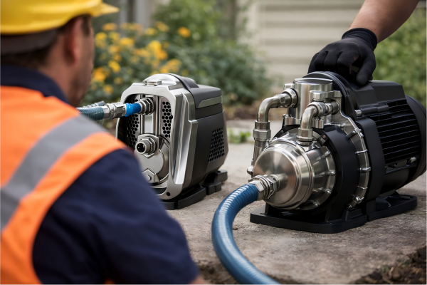 RAFSUN home water pump comparison image showing a professional engineer inspecting two different residential water pumps in an outdoor household setting. One pump represents a jet pump designed for shallow well water suction, while the other represents a multistage pump built for higher pressure water boosting over long distances or to elevated areas. The scene highlights the difference between a jet pump and a multistage pump through realistic equipment details, connected water hoses, and a practical home installation environment, helping homeowners and installers understand which pump type is better for suction applications and which is better for pressure boosting.