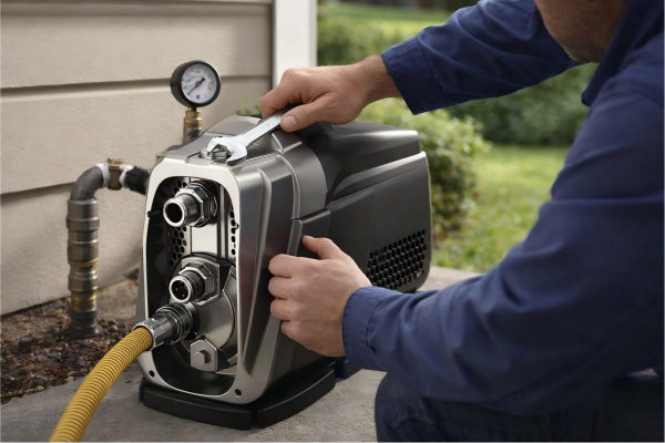 Realistic RAFSUN multistage pump application image showing a professional engineer installing and checking a household multistage water pump in a residential environment. The pump features a modern compact design with visible inlet and outlet connections, pressure gauge system, and durable housing for high-head water transfer. This image represents the topic What is the formula for a multistage pump? by visually explaining multistage pump structure, pressure boosting performance, and home water supply installation.