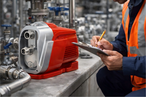 A professional engineer wearing a safety vest inspects a RAFSUN centrifugal pump installed in an industrial piping system, documenting performance and maintenance status on a clipboard. The red and silver pump is mounted on a clean work surface surrounded by stainless steel pipes and valves, representing a real-world application of durable pumping equipment. This scene highlights the concept of what is the lifespan of a centrifugal pump, emphasizing reliability, maintenance, and long-term operational efficiency in industrial environments.