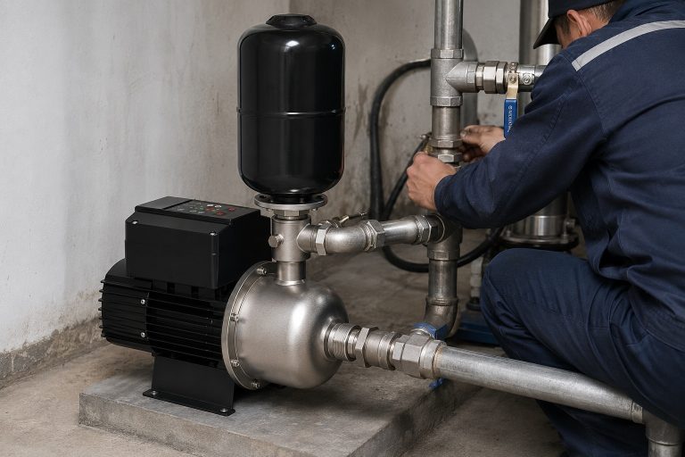 Pompe de surpression RAFSUN installée dans un local technique intérieur, avec un système de surpression d'eau professionnel et propre. L'image montre une pompe de surpression à aimant permanent et à fréquence variable, dotée d'un corps de moteur noir, d'un contrôleur intelligent monté sur le dessus, d'une tête de pompe en acier inoxydable et d'un réservoir sous pression vertical noir placé au-dessus du corps de pompe. Une nouvelle tuyauterie d'arrivée d'eau métallique pénètre horizontalement par le bas à droite, à l'avant de la pompe, tandis que la tuyauterie de sortie, raccordée à l'orifice situé entre la tête de pompe et le réservoir sous pression, passe par des unions, des coudes, des tés, des vannes, des raccords et des supports de tuyauterie pour rejoindre le réseau de tuyauterie situé à droite. Un technicien ajuste le raccordement de la tuyauterie à côté de l'unité, recréant ainsi une scène d'installation réaliste pour une alimentation en eau à pression constante et stable. Cette pompe de surpression à vitesse variable est conçue pour les applications résidentielles, commerciales et les locaux techniques où une pompe de surpression intelligente contribue à améliorer la pression d'eau et à maintenir un transport de fluide fiable.