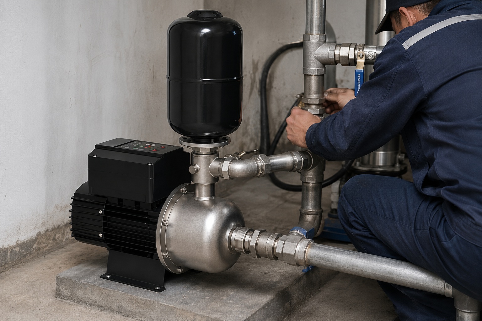 RAFSUN booster pump installed in a real indoor pump room with a clean professional water pressure booster system. The image shows a permanent magnet variable frequency booster pump with a black motor body, top mounted smart controller, stainless steel pump head, and a vertical black pressure tank positioned above the pump body. New metal inlet piping enters horizontally from the lower right into the front of the pump, while the outlet pipe connects from the port between the pump head and pressure tank through unions, elbows, tee fittings, valves, couplings, and pipe supports to the right side piping system. A technician is adjusting the pipe connection beside the unit, creating a realistic indoor pump installation scene for stable constant pressure water supply. This variable speed booster pump is designed for residential, commercial, and mechanical room applications where a smart booster pump helps improve water pressure and maintain reliable fluid transport.