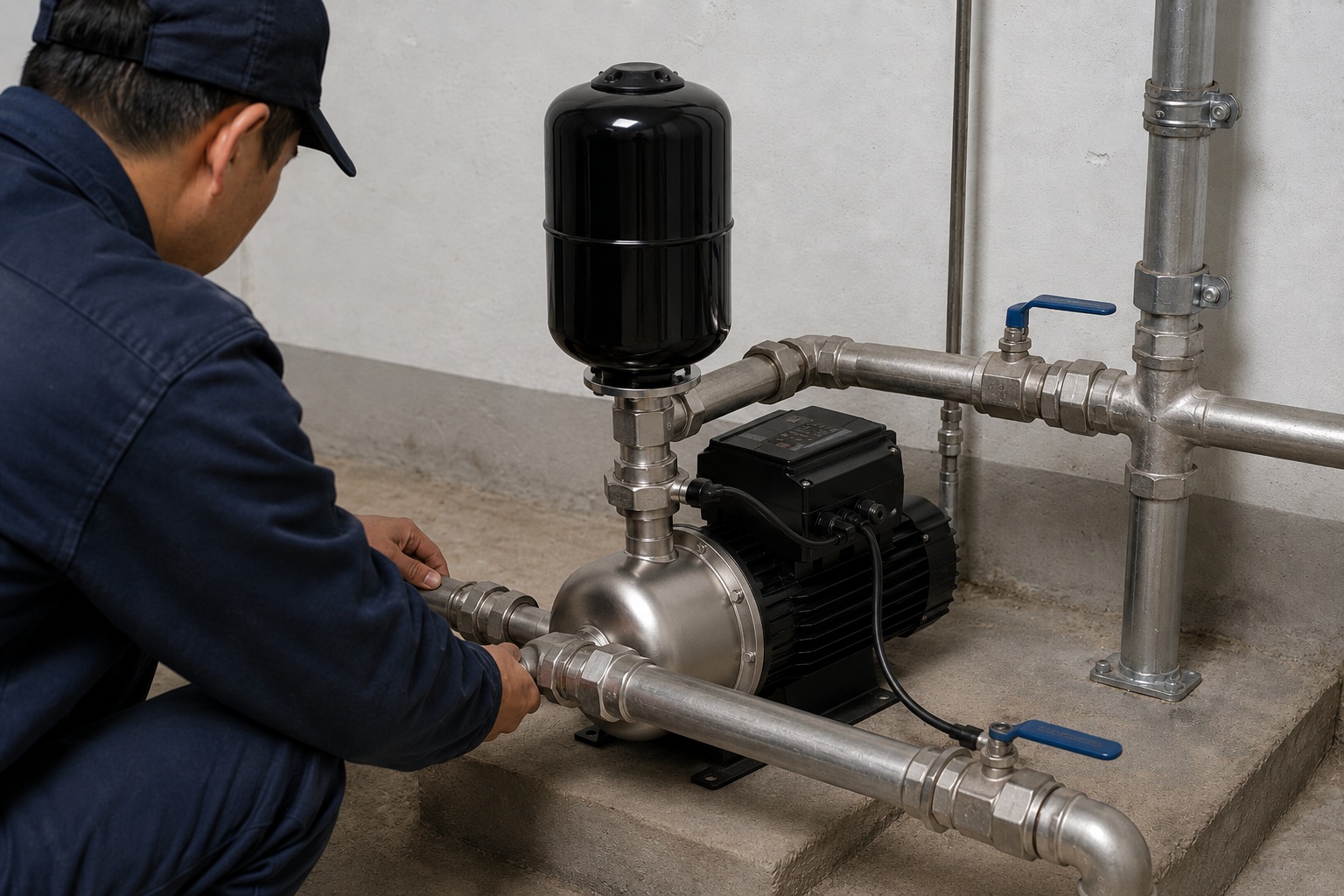 A realistic indoor pump installation scene featuring a RAFSUN permanent magnet variable frequency booster pump in a utility room. The compact silver stainless steel pump body is mounted on a black base plate with a black finned motor attached to the side and a black rectangular control box on top. A vertical black pressure tank is securely mounted above the pump head. The inlet pipe enters horizontally from the lower-right corner of the image and connects directly to the front pump inlet with a threaded union, while the outlet is routed from the side opening between the pump head and pressure tank to the right-side piping system using a T-joint and a blue-handled ball valve. Additional stainless steel piping, elbows, valves, unions, and clamps secure the installation. A technician wearing a navy uniform and cap is crouched at the left side, adjusting the inlet connection, with hands clearly interacting with the fittings, face obscured. The concrete floor, light gray wall, and surrounding industrial plumbing provide a professional, clean, and realistic environment. The pump is shown in a steady operational state, part of a constant pressure water pump system, representing a smart booster pump setup within an indoor pump installation, highlighting a variable speed booster pump used in a water pressure booster system.