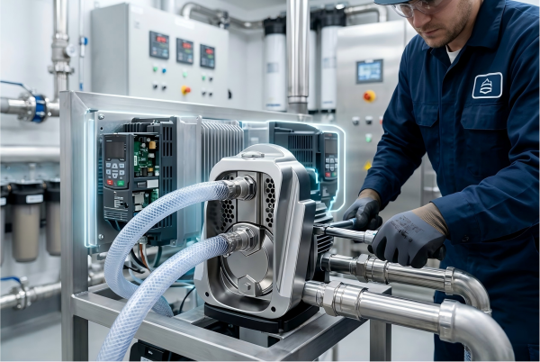 RAFSUN water pump installation and maintenance process is carried out by an engineer in a blue uniform and safety equipment using a wrench to tighten the pump casing in a high-tech environment.