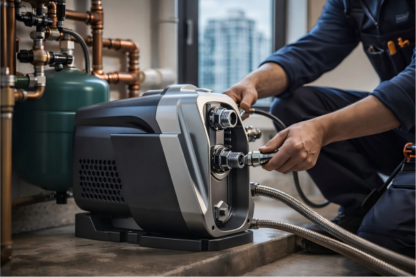 Professional engineer installing a RAFSUN multi-stage pump in a home water pressure boosting system, showing a realistic residential utility room setup with braided hoses, copper pipes, and a pressure tank, ideal for illustrating when to use a multi-stage pump for high-pressure applications in tall buildings and complex water systems.