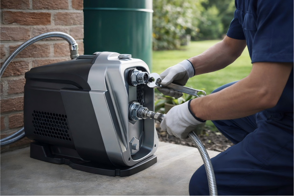 RAFSUN centrifugal pump installed in a residential outdoor water supply system, with a professional engineer connecting stainless steel hoses beside a brick wall and garden area. This realistic application image shows where centrifugal pumps are most used, including water supply, irrigation, water treatment, and industrial fluid transfer systems that require efficient movement of low-viscosity liquids.