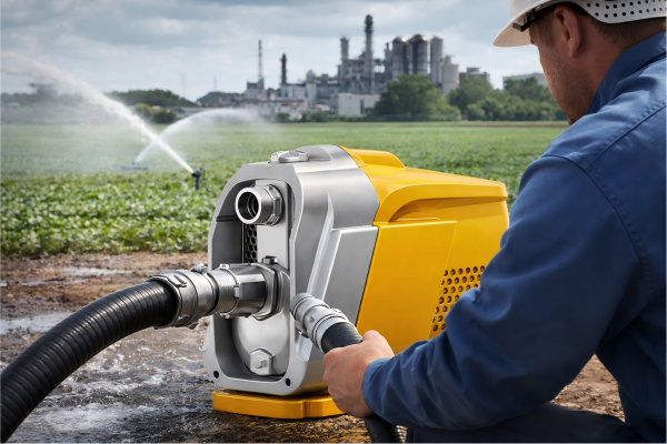 RAFSUN centrifugal pump in a realistic field application scene, operated by a professional engineer without showing the face, demonstrating where a centrifugal pump is used for agricultural irrigation, water transfer, and industrial fluid handling. The yellow pump is connected to hoses in the foreground, while crop sprinklers and an industrial facility in the background highlight the wide use of centrifugal pumps in farming, water supply, manufacturing, fire protection, and industrial water systems.
