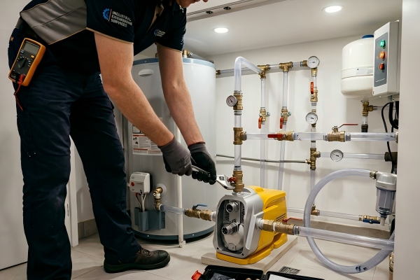 A plumber installing a yellow RAFSUN brand centrifugal water pump in a home utility room system, connecting clear pipes to a water heater and gauges.
