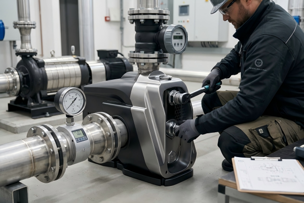 RAFSUN water pump being inspected by a technician. The multi-stage centrifugal pump is the ideal choice when customers ask, "Which pump has the highest flow rate?" Its high-efficiency design and robust construction ensure exceptional water flow.