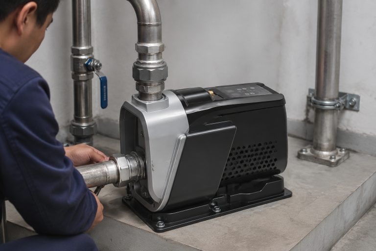 This image shows a professional indoor pump installation featuring a RAFSUN RUC permanent magnet variable frequency booster pump mounted on a clean concrete platform in a utility room. The pump has a sleek integrated one-piece design with a silver and dark gray body, a vented side panel, and a control panel located on the top surface. The front inlet is connected to a horizontal stainless steel pipe with a union fitting, while the top-front outlet connects to a vertical metal pipe, demonstrating proper professional pipe routing with elbows, tees, valves, and clamps. A blue-handled ball valve and additional pipe supports are visible, ensuring stable and secure connections. A technician, shown from the back and wearing a dark work jacket, is adjusting the coupling at the inlet, highlighting hands-on installation work. The environment is clean and well-lit, resembling a real equipment room or basement pump area, with visible piping for a water pressure booster system. The pump is operating as a variable speed booster pump, providing constant pressure water supply, part of a smart booster pump setup. The scene conveys a realistic, functional RAFSUN booster pump installation suitable for residential or commercial water pressure booster systems. Keywords naturally included: permanent magnet variable frequency booster pump, variable speed booster pump, constant pressure water pump, smart booster pump, water pressure booster system, indoor pump installation, RAFSUN booster pump.