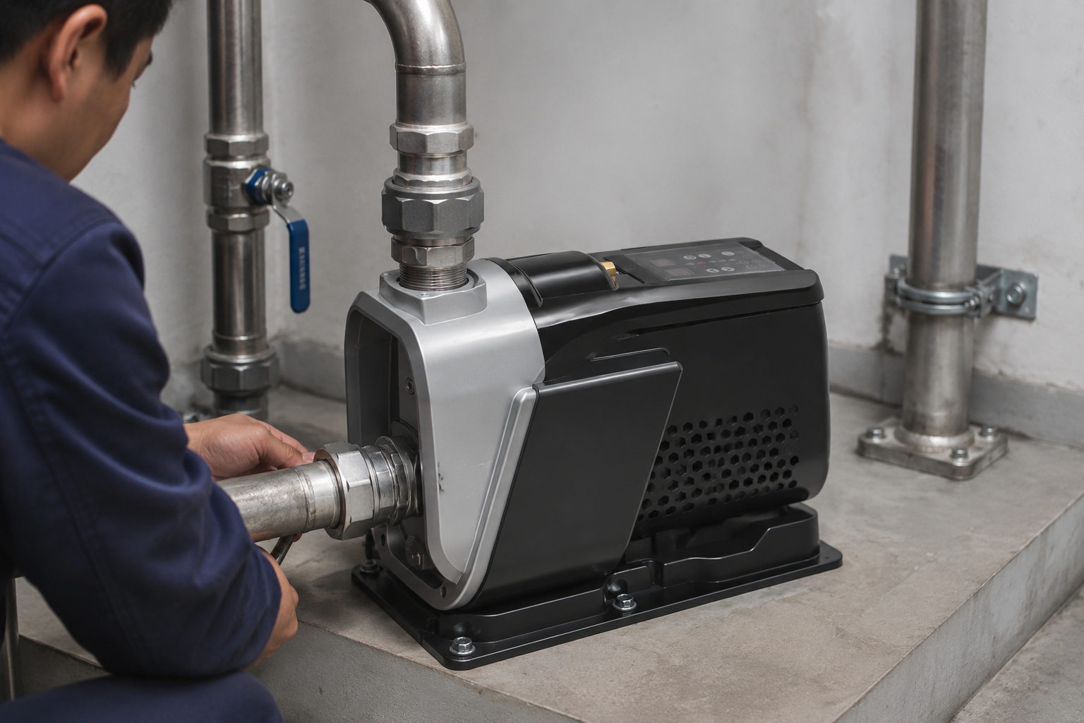 This image shows a professional indoor pump installation featuring a RAFSUN RUC permanent magnet variable frequency booster pump mounted on a clean concrete platform in a utility room. The pump has a sleek integrated one-piece design with a silver and dark gray body, a vented side panel, and a control panel located on the top surface. The front inlet is connected to a horizontal stainless steel pipe with a union fitting, while the top-front outlet connects to a vertical metal pipe, demonstrating proper professional pipe routing with elbows, tees, valves, and clamps. A blue-handled ball valve and additional pipe supports are visible, ensuring stable and secure connections. A technician, shown from the back and wearing a dark work jacket, is adjusting the coupling at the inlet, highlighting hands-on installation work. The environment is clean and well-lit, resembling a real equipment room or basement pump area, with visible piping for a water pressure booster system. The pump is operating as a variable speed booster pump, providing constant pressure water supply, part of a smart booster pump setup. The scene conveys a realistic, functional RAFSUN booster pump installation suitable for residential or commercial water pressure booster systems. Keywords naturally included: permanent magnet variable frequency booster pump, variable speed booster pump, constant pressure water pump, smart booster pump, water pressure booster system, indoor pump installation, RAFSUN booster pump.