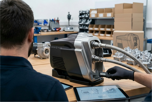 A professional engineer in a workshop seen from behind, inspecting a high-quality matte black and silver RAFSUN water pump. This image illustrates what is OEM in the pump industry, showcasing a customized manufacturing solution where RAFSUN produces premium pumps for global distributors and brands. Technical blueprints and tools are visible on the workbench, emphasizing precision engineering.