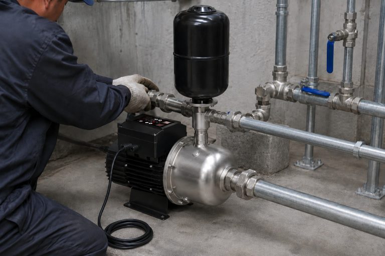 A realistic indoor pump installation scene showing a RAFSUN booster pump installed in a clean mechanical room with galvanized metal piping, unions, elbows, tees, pipe clamps, and blue handled shutoff valves. The RAFSUN permanent magnet variable frequency booster pump features a stainless steel pump body, black motor, top mounted smart control box, and a vertical black pressure tank above the pump head. The front inlet pipe connects horizontally from the lower right side, while the outlet pipe is connected through the side fitting below the pressure tank into the right side water pressure booster system. A technician is partially visible adjusting the pipe connection, creating a professional indoor pump installation atmosphere. The variable speed booster pump is shown as part of a smart booster pump setup designed for stable water supply, constant pressure operation, and reliable pressure boosting in residential or commercial water systems.