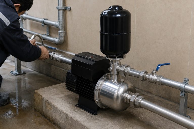 A realistic indoor pump installation scene showing a RAFSUN booster pump connected to a clean metal water pressure booster system in a utility room. The permanent magnet variable frequency booster pump features a black finned motor body, a top mounted smart controller, a stainless steel pump head, and a vertical black pressure tank installed above the pump head. The inlet pipe connects horizontally into the front of the pump, while the side outlet connects to the right side piping system through metal unions, threaded fittings, a valve, elbows, pipe clamps, and support brackets. A technician is checking the pipe connection beside the unit, creating a natural indoor pump installation environment. The RAFSUN variable speed booster pump is designed for stable water supply, constant pressure operation, and reliable performance in residential or commercial water pressure booster system applications.