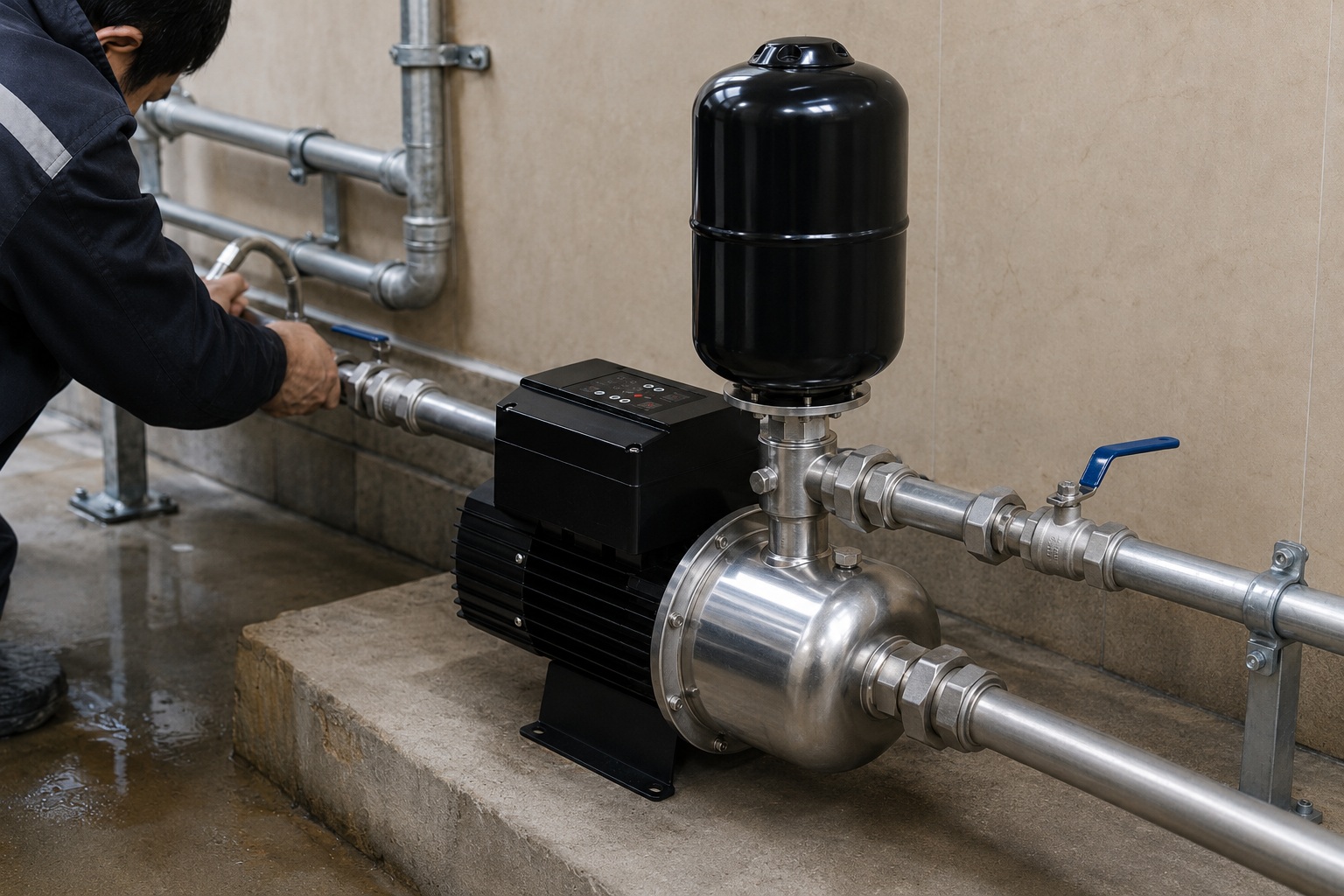 A realistic indoor pump installation scene showing a RAFSUN booster pump connected to a clean metal water pressure booster system in a utility room. The permanent magnet variable frequency booster pump features a black finned motor body, a top mounted smart controller, a stainless steel pump head, and a vertical black pressure tank installed above the pump head. The inlet pipe connects horizontally into the front of the pump, while the side outlet connects to the right side piping system through metal unions, threaded fittings, a valve, elbows, pipe clamps, and support brackets. A technician is checking the pipe connection beside the unit, creating a natural indoor pump installation environment. The RAFSUN variable speed booster pump is designed for stable water supply, constant pressure operation, and reliable performance in residential or commercial water pressure booster system applications.