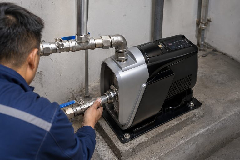 A realistic indoor pump installation scene showing a RAFSUN booster pump mounted securely on a concrete platform with visible anchor bolts in a clean mechanical room. The RAFSUN permanent magnet variable frequency booster pump features a compact integrated body with a silver front pump head, black motor housing, top mounted smart control panel, front inlet connection, and a top front outlet connected to polished metal piping. The indoor pump installation includes stainless steel inlet and outlet pipes, threaded unions, ball valves, elbows, fittings, pipe clamps, and wall supported pipework, creating a professional water pressure booster system for stable residential or commercial water supply. A technician is shown from the side while tightening the front pipe connection, making the scene look like a real working setup. This variable speed booster pump operates as a smart booster pump and constant pressure water pump designed for reliable pressurized water delivery in an equipment room, basement pump room, or building water supply system.
