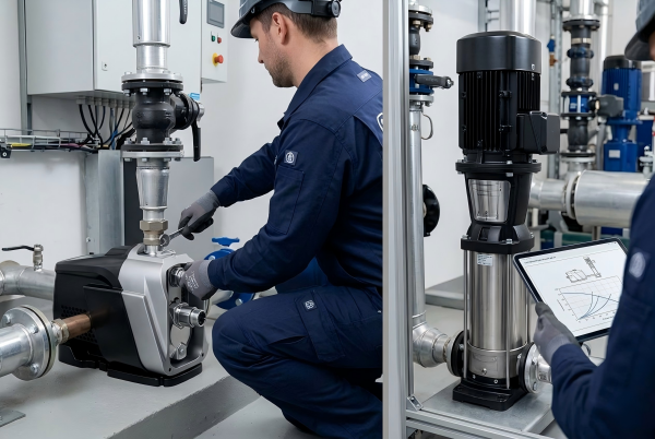 A professional industrial plumber, wearing safety gear including a hard hat and gloves, performing maintenance on a silver and black RA FSU N horizontal multistage pump (referencing image_0.png design). He uses a wrench on a piping connection. This scene is from a dynamic, split-panel application image for a comparison guide titled 'Choosing Between Horizontal and Vertical Multistage Pumps?' The other panel shows the same RA FSU N pump design reconfigured into a vertical orientation, demonstrating a tall, stacked vertical multistage pump installation, with an engineer holding a tablet showing pressure curves. The realistic photo highlights the different footprints, orientations, and maintenance accessibility for an industrial water system.
