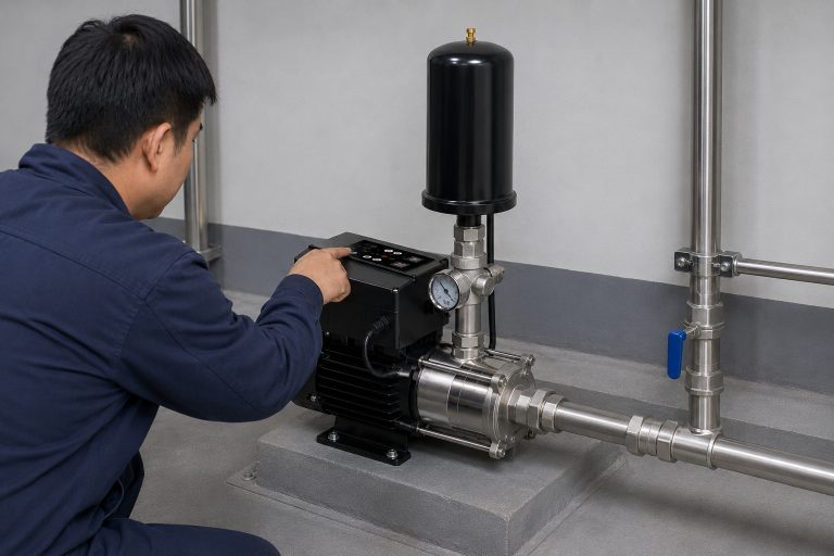 A RAFSUN permanent magnet variable frequency booster pump installed in a clean indoor pump installation scene, with a Chinese technician adjusting the top control panel during system setup. The variable speed booster pump features a black motor and smart controller, a stainless steel multistage pump body, a vertical black pressure tank, and neatly aligned inlet and outlet connections. Straight metal pipes, union fittings, elbows, valves, pipe clamps, and threaded connectors form a professional water pressure booster system suitable for a pump room, basement, equipment room, residential water supply system, or light commercial application. The RAFSUN booster pump is shown as a constant pressure water pump designed for stable booster water supply, efficient operation, and reliable smart booster pump performance in a real indoor installation environment.