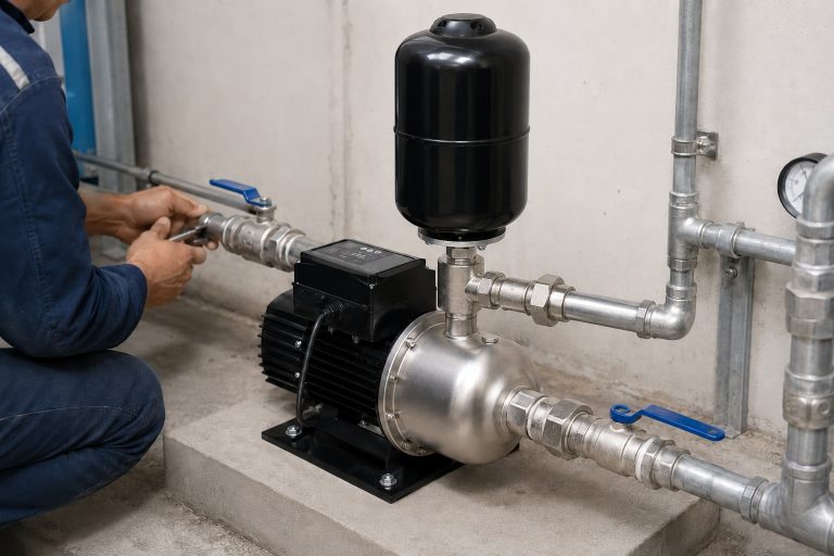 A realistic indoor pump installation scene showing a RAFSUN booster pump mounted securely on a concrete equipment platform inside a clean mechanical room. The permanent magnet variable frequency booster pump features a black finned motor body, stainless steel pump head, top-mounted smart control box, and a vertical black pressure tank positioned above the pump head. Clean metal inlet and outlet pipes are connected with unions, threaded fittings, elbows, tee connectors, blue handle valves, and wall-mounted pipe clamps, creating a professional water pressure booster system ready for stable constant pressure water pump operation. A technician is adjusting the pipe connection by hand, giving the scene a natural and practical indoor pump installation look. This RAFSUN booster pump represents a compact variable speed booster pump solution for residential and commercial water supply systems that require reliable pressure control and smart booster pump performance.