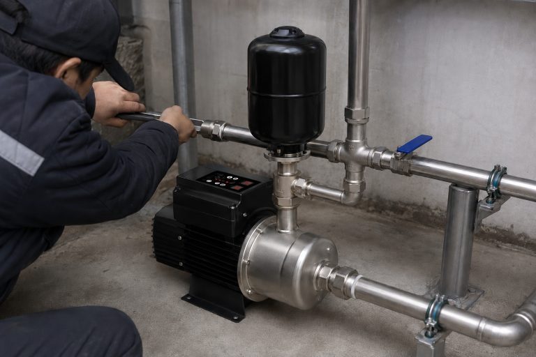 A RAFSUN booster pump installed in a clean indoor pump installation area, showing a permanent magnet variable frequency booster pump connected to a professional stainless steel piping system. The variable speed booster pump features a black motor body, top mounted smart controller, silver pump head, horizontal front inlet, side outlet connection, and a vertical black pressure tank above the pump head. The water pressure booster system includes metal inlet and outlet pipes, union fittings, elbows, tee connectors, pipe clamps, support brackets, and a blue handle shutoff valve for stable constant pressure water pump operation. A technician is partially visible while adjusting the pipe connection, creating a realistic mechanical room scene for residential or commercial smart booster pump installation and constant pressure water supply.