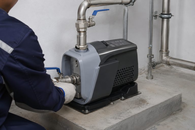A realistic indoor pump installation scene showing a RAFSUN booster pump mounted securely on a concrete platform inside a clean equipment room. The grey and dark grey permanent magnet variable frequency booster pump features an integrated one piece body, top mounted smart control panel, front inlet connection, and top front outlet pipe connection. New metal piping is professionally installed with unions, shutoff valves, elbows, tees, threaded connectors, pipe clamps, and wall mounted supports, forming a complete water pressure booster system for stable constant pressure water supply. A technician in workwear is adjusting the inlet pipe connection by hand, creating a natural maintenance and installation environment. This variable speed booster pump is shown as part of a smart booster pump system for indoor pump installation, residential water boosting, commercial water supply, and reliable constant pressure water pump operation.