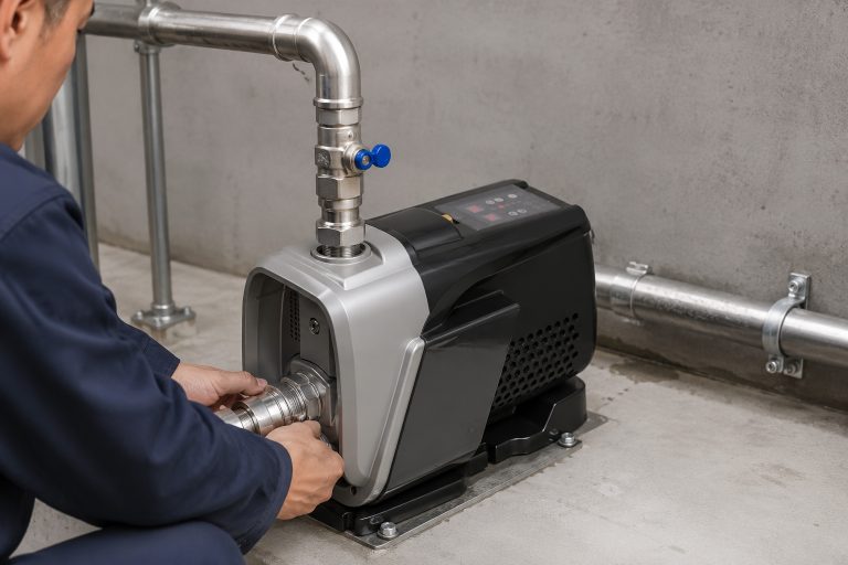 A realistic indoor pump installation scene showing a RAFSUN booster pump mounted securely on a concrete platform with anchor bolts in a clean equipment room. The permanent magnet variable frequency booster pump features a compact integrated body, silver front pump head, black motor housing, top-mounted smart control panel, side cooling vents, and a stable base structure. The front inlet is connected to a stainless steel pipe with threaded fittings and a union, while the top-front outlet is connected to clean metal piping through an elbow, valve, and coupling. Pipe clamps, wall-mounted supports, connectors, and shutoff valves create a professional indoor pump installation suitable for a residential or commercial water pressure booster system. The RAFSUN booster pump operates as a variable speed booster pump and constant pressure water pump, helping maintain stable water flow and efficient pressure control in a smart booster pump system.
