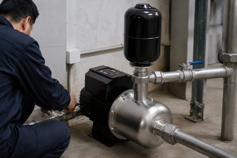 A realistic indoor pump installation scene showing a RAFSUN booster pump installed in a clean mechanical room for a water pressure booster system. The permanent magnet variable frequency booster pump features a black motor body, a top mounted smart control panel, a stainless steel multistage pump head, and a vertical pressure tank positioned above the pump head. Straight stainless steel inlet and outlet pipes are connected with unions, valves, elbows, tees, pipe clamps, and threaded fittings, creating a professional indoor pump installation that looks ready for stable constant pressure water supply. A Chinese technician is checking the pipeline connection beside the variable speed booster pump, while the RAFSUN booster pump operates as a smart booster pump for residential, commercial, basement, or equipment room applications. The clean concrete floor, wall mounted pipe supports, and orderly metal piping make the scene natural, practical, and suitable for showcasing a constant pressure water pump in a real booster water system.